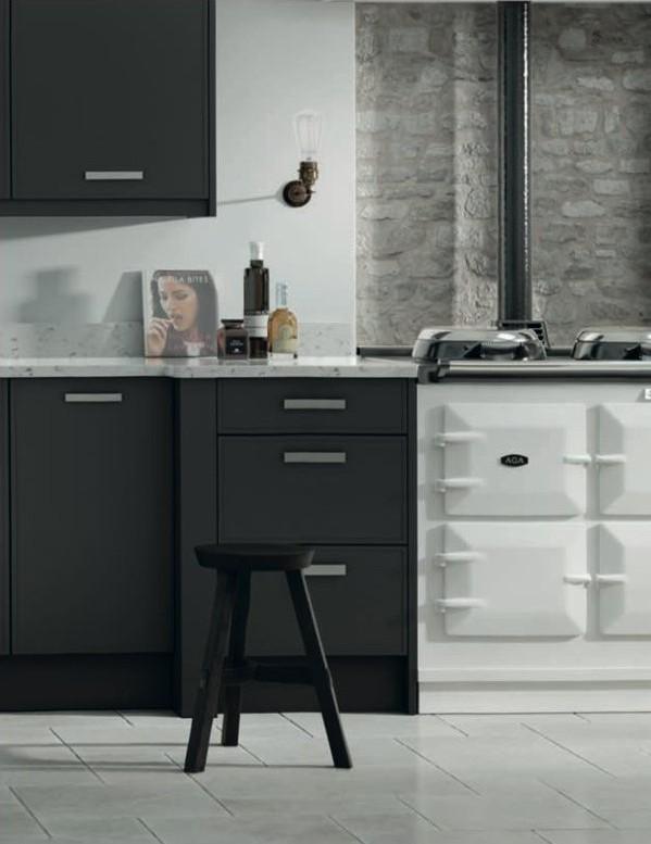Modern matt black kitchen units with white worktop