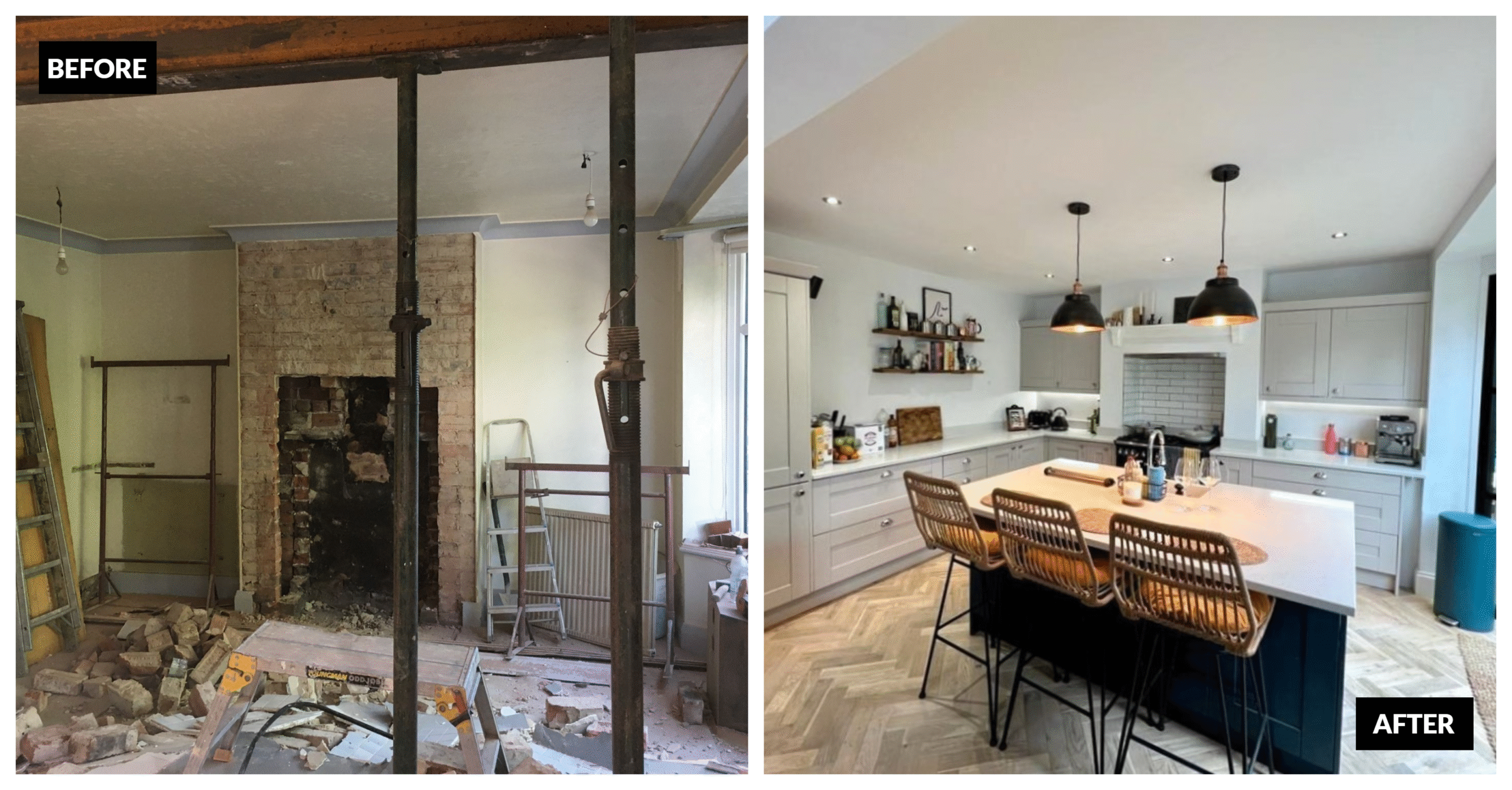Before and after of kitchen makeover in Leeds showing dramatic transformation
