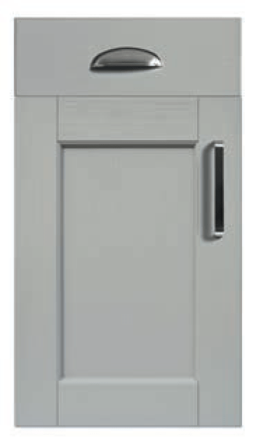 Light grey Bastille kitchen door with shaker detailing and brushed handle.