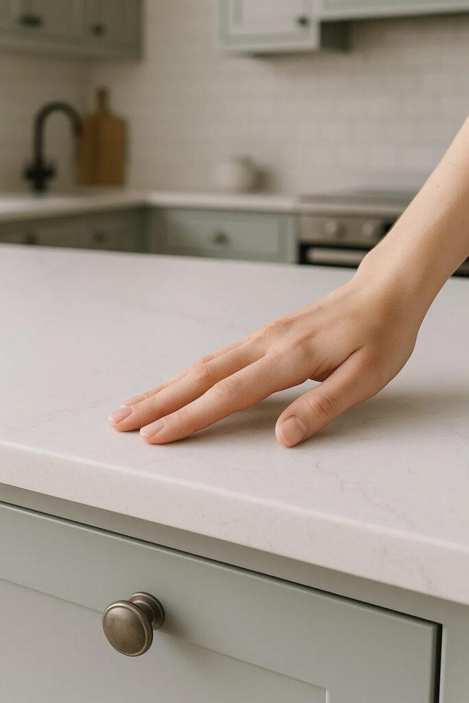 Hand resting on a smooth stone-effect kitchen worktop with a subtle textured pattern