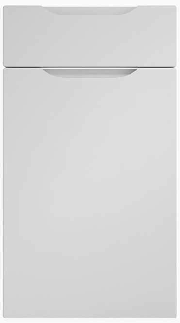 Integrated pull-handle design on a flat slab white kitchen door.