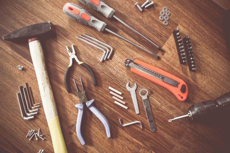 Overhead view of essential tools used for kitchen installation.